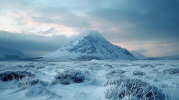 ai gerado coberto de neve montanha debaixo azul céu foto