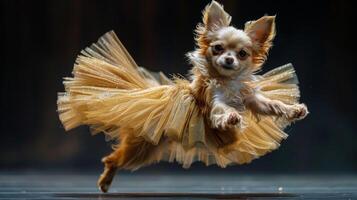 ai gerado pequeno cachorro corrida dentro amarelo vestir através chuva foto