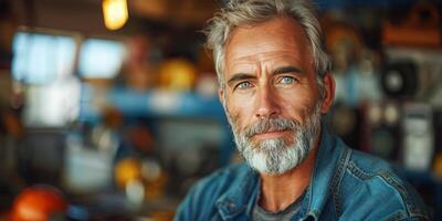 ai gerado homem com cinzento cabelo vestindo uma jeans Jaqueta foto