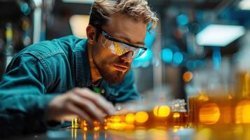 ai gerado homem sentado às Barra segurando vidro do Cerveja foto