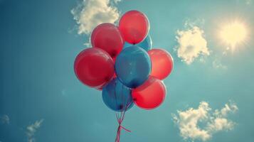 ai gerado vermelho e azul balões flutuando dentro a ar foto