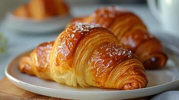 ai gerado croissants em uma prato com em pó açúcar foto