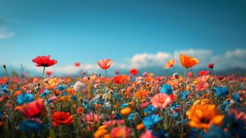 ai gerado colorida campo do flores debaixo azul céu foto