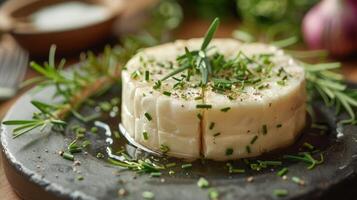 ai gerado queijo com ervas em corte borda foto