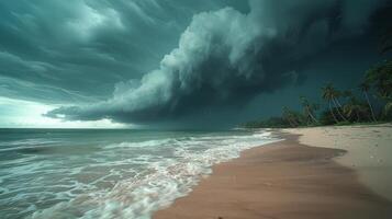 ai gerado tempestade Aproximando de praia com Palma árvores foto