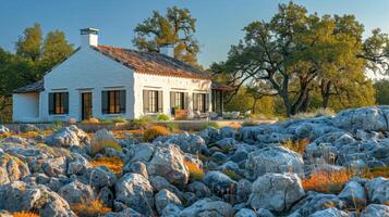 ai gerado moderno casa cercado de pedras e vegetação foto