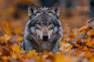 ai gerado retrato do siberian Lobo dentro outono floresta. foto