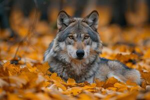 ai gerado retrato do siberian Lobo dentro outono floresta. foto