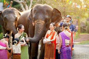 grupo do tailandês adolescente e crianças porcelana tailandês tradicional vestir jogar para borrifar água em a tailandês Novo anos dia ou songkran festival dentro uma Diversão caminho com elefante em Sol brilhante fundo. foto