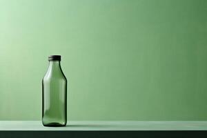 ai gerado uma verde vidro garrafa é colocada em topo do uma mesa, criando uma simples ainda rústico composição. foto