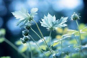 ai gerado uma vibrante flor carrinhos Fora entre a exuberante verde grama, aquecendo dentro a luz solar e adicionando uma pop do cor para a sereno cena. foto