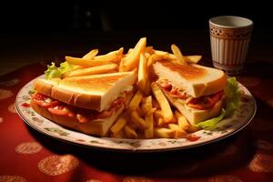 ai gerado uma prato do dourado crocantes fritas e grelhado sanduíches com condimentos. foto