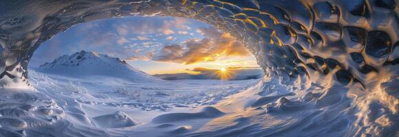 ai gerado a pôr do sol brilha através a orifício dentro a gelo caverna foto