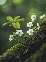 ai gerado tranquilo floresta musgo adornando a velho árvore filial, florescendo com branco flores, lindo e fresco flores silvestres cena vegetação, sentido do Paz e serenidade dentro natureza foto