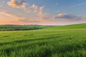 ai gerado abraçando Primavera serenidade, uma panorama agraciado de exuberante verde Campos e a natural beleza do a estação gradiente foto