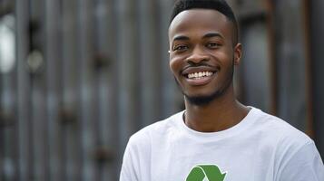 ai gerado uma homem vestindo uma branco camiseta com uma verde reciclando símbolo foto