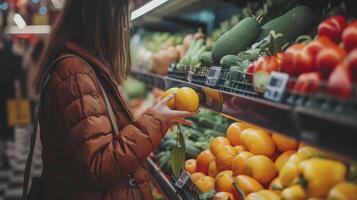 ai gerado fechar-se mulher compras legumes dentro a supermercado loja foto