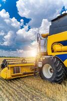 agricultura máquina colheita colheita dentro Campos, especial Tecnico dentro Ação. agrícola Tecnico dentro campo. pesado maquinaria, azul céu acima campo. foto