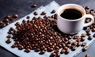 ai gerado copo café feijões, quente café, espresso café copo com feijões, café feijão fundo foto