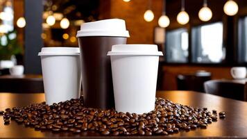 ai gerado café copo brincar projeto, café copo brincar em café feijões, quente café fundo, em branco café copo maquetes, papel café bolsas foto