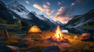 ai gerado montanha acampamento e fogueiras fundo foto