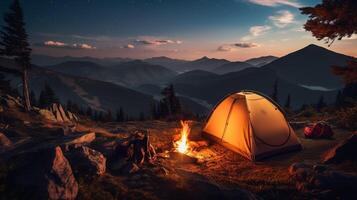 ai gerado montanha acampamento cai fora fundo foto