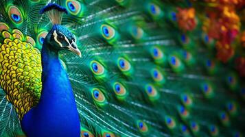 ai gerado uma pavão é em pé dentro a meio do uma floresta foto