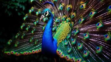 ai gerado uma pavão é em pé dentro frente do flores foto