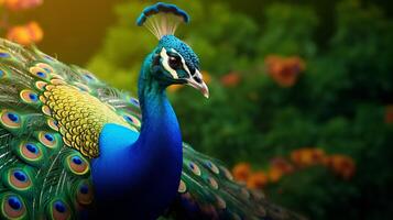 ai gerado uma pavão é em pé dentro frente do flores foto