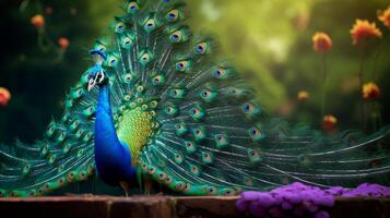 ai gerado uma pavão é em pé dentro frente do flores foto