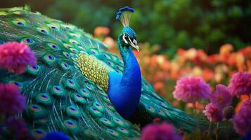 ai gerado uma pavão é em pé dentro frente do flores foto