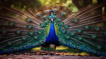 ai gerado uma pavão é em pé dentro frente do flores foto