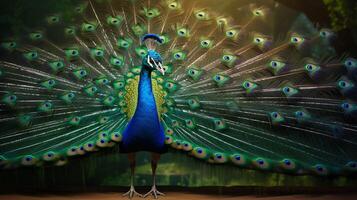 ai gerado uma pavão com colorida penas e flores foto