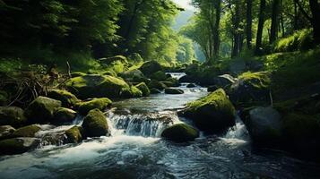 ai gerado uma rio fluindo através uma verde floresta foto