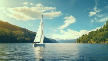 ai gerado Navegando barco em lago com árvores e montanhas foto