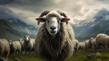 ai gerado uma ovelha é em pé dentro uma campo com de outros ovelha foto