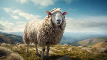 ai gerado uma ovelha é em pé dentro uma campo com de outros ovelha foto