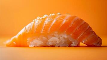 ai gerado fechar-se do fresco Sushi peça em vibrante laranja fundo foto