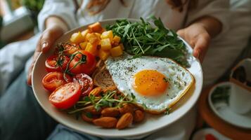 ai gerado mulher apresenta uma saudável café da manhã dentro cama com fresco ingredientes foto