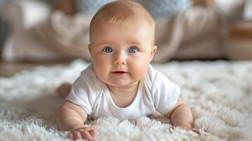 ai gerado adorável bebê com azul olhos deitado em uma fofo tapete foto