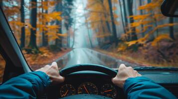 ai gerado motorista perspectiva em uma nebuloso outono estrada viagem foto