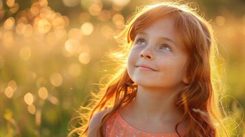 ai gerado jovem mulher desfrutando ensolarado natureza, dourado hora luz foto