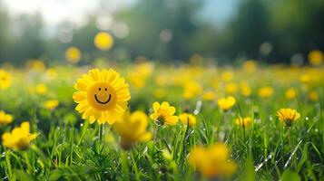 ai gerado sorridente girassol entre amarelo floresce dentro iluminado pelo sol campo foto