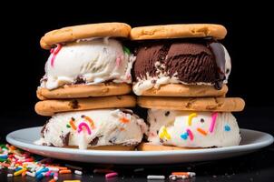 ai gerado gelo creme sanduíche, gelo creme com biscoitos em uma Preto fundo foto