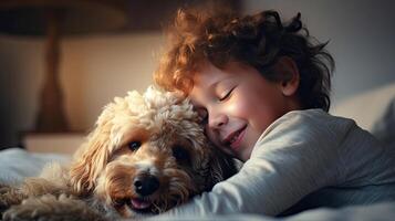 ai gerado sorridente Garoto e desgrenhado cachorro retrato. amizade e concurso sentimentos entre humano e animal conceito. ai gerado ilustração. foto