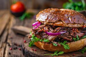 ai gerado carne peito sanduíche com cebolas e salsinha em uma rústico madeira mesa foto