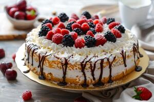 ai gerado tres leches bolo com açoitado creme bagas e chocolate chuvisco em uma prato foto