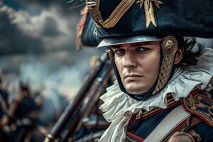 ai gerado napoleão dentro cheio uniforme retrata uma histórico militares líder durante uma reconstituição foto