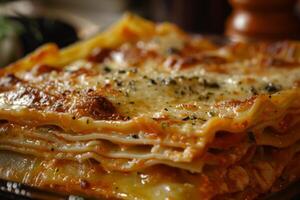 ai gerado caloroso italiano lasanha com queijo, cozido camadas, bechamel molho, e tomate dentro uma fechar-se Visão foto