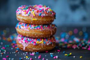 ai gerado empilhado rosquinhas com colorida granulados faço para uma doce e vibrante sobremesa foto